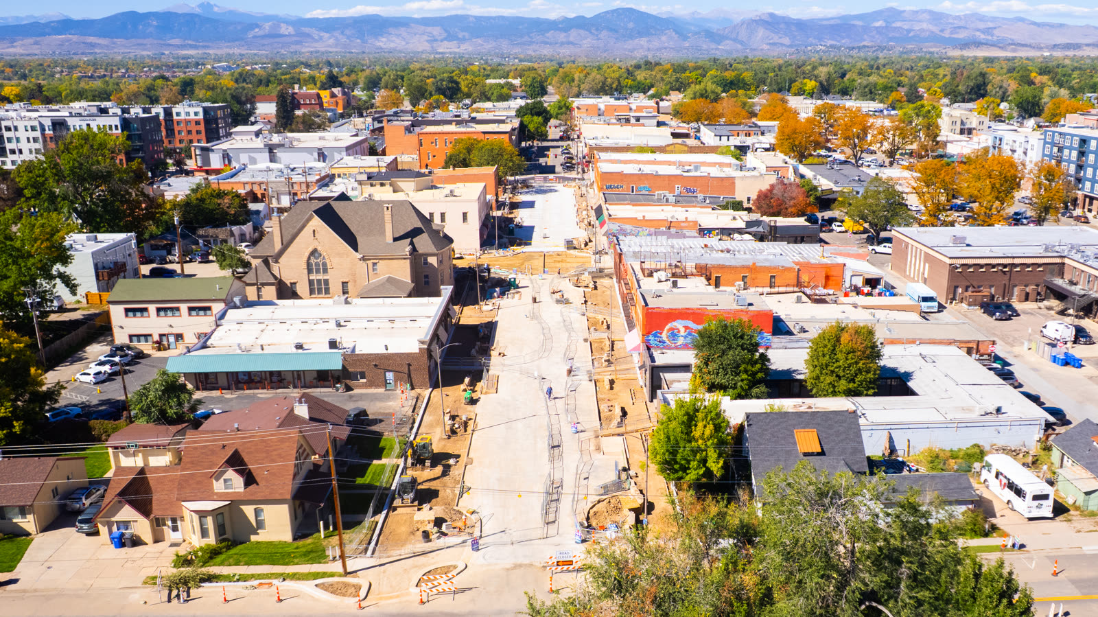 Aerial of 4th Street revitalization in downtown Loveland