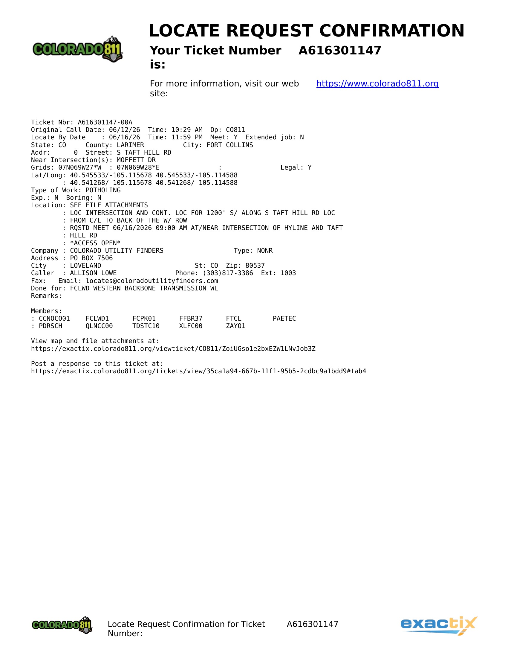 CO811 ticket sheet for a potholing job