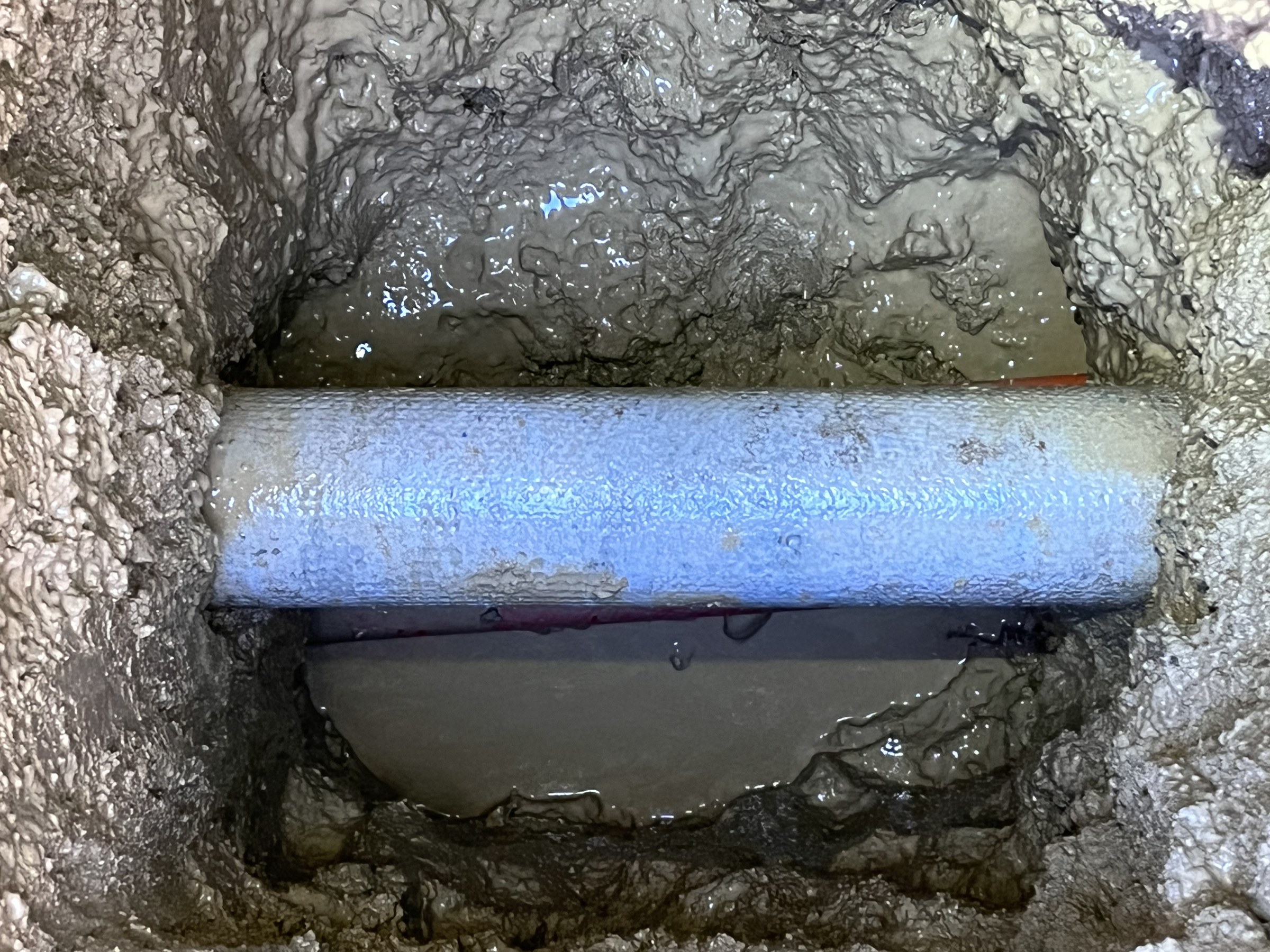 Close view of exposed utility in a muddy test hole